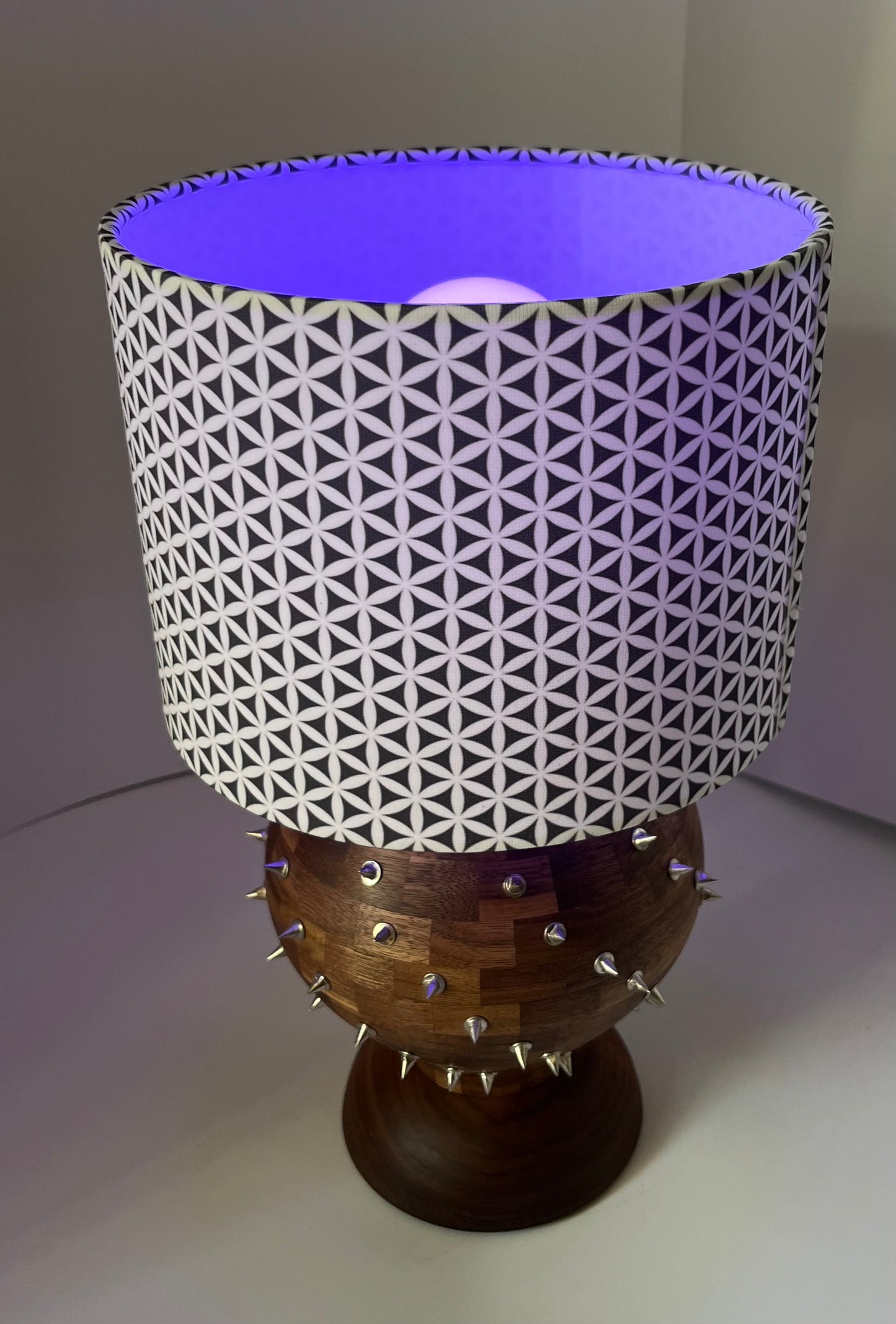 Walnut Segmented Spiked Lamp with Seed of Life Shade