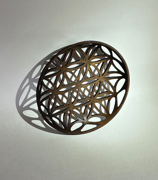 Walnut carved decorative bowl with flower of life illusion