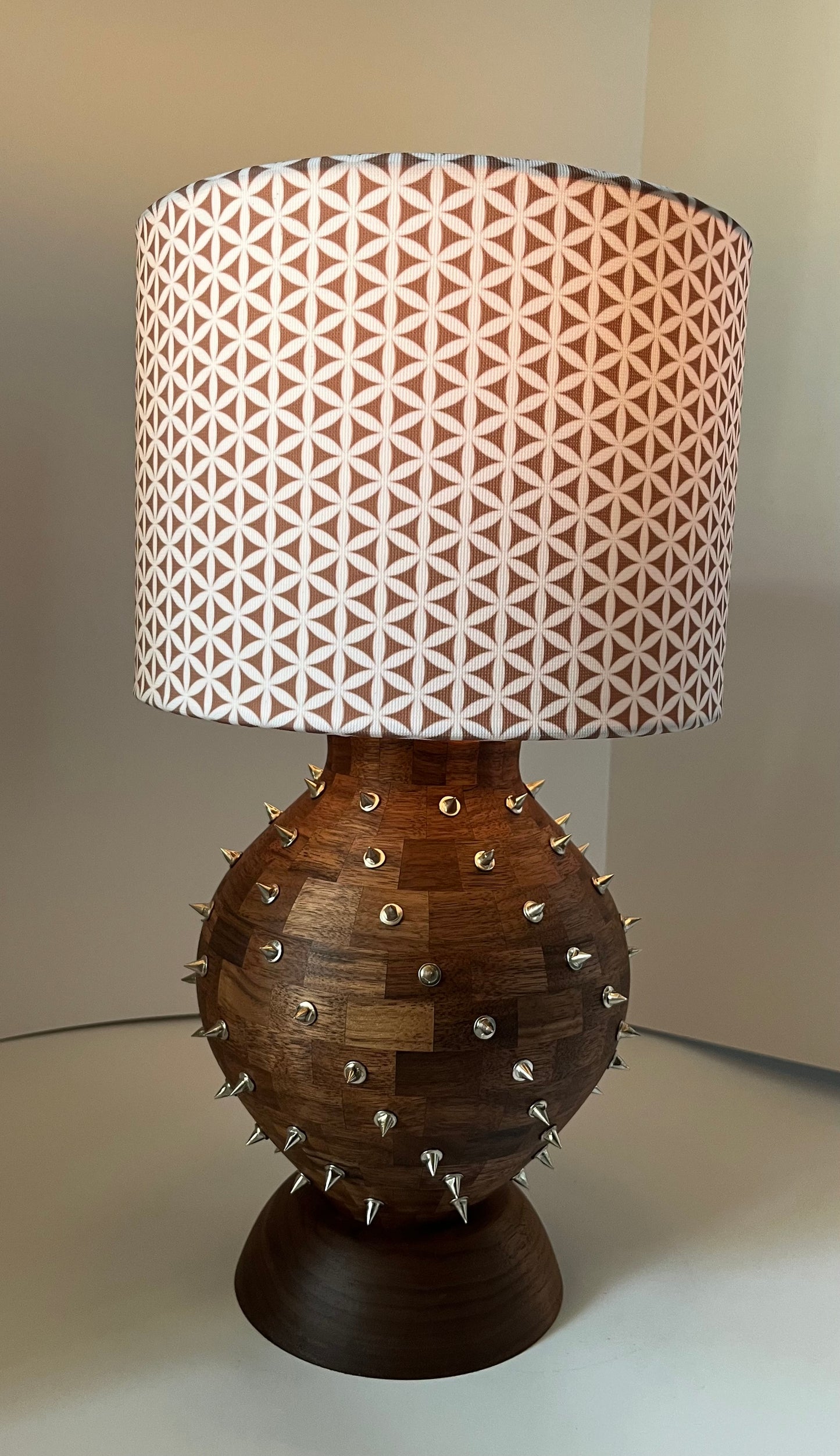 Walnut Segmented Spiked Lamp with Seed of Life Shade