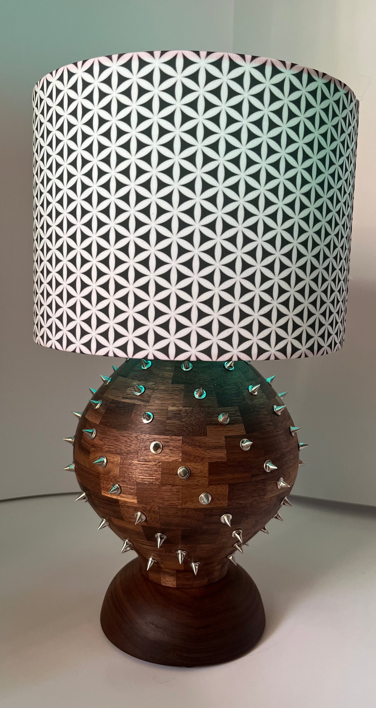 Walnut Segmented Spiked Lamp with Seed of Life Shade