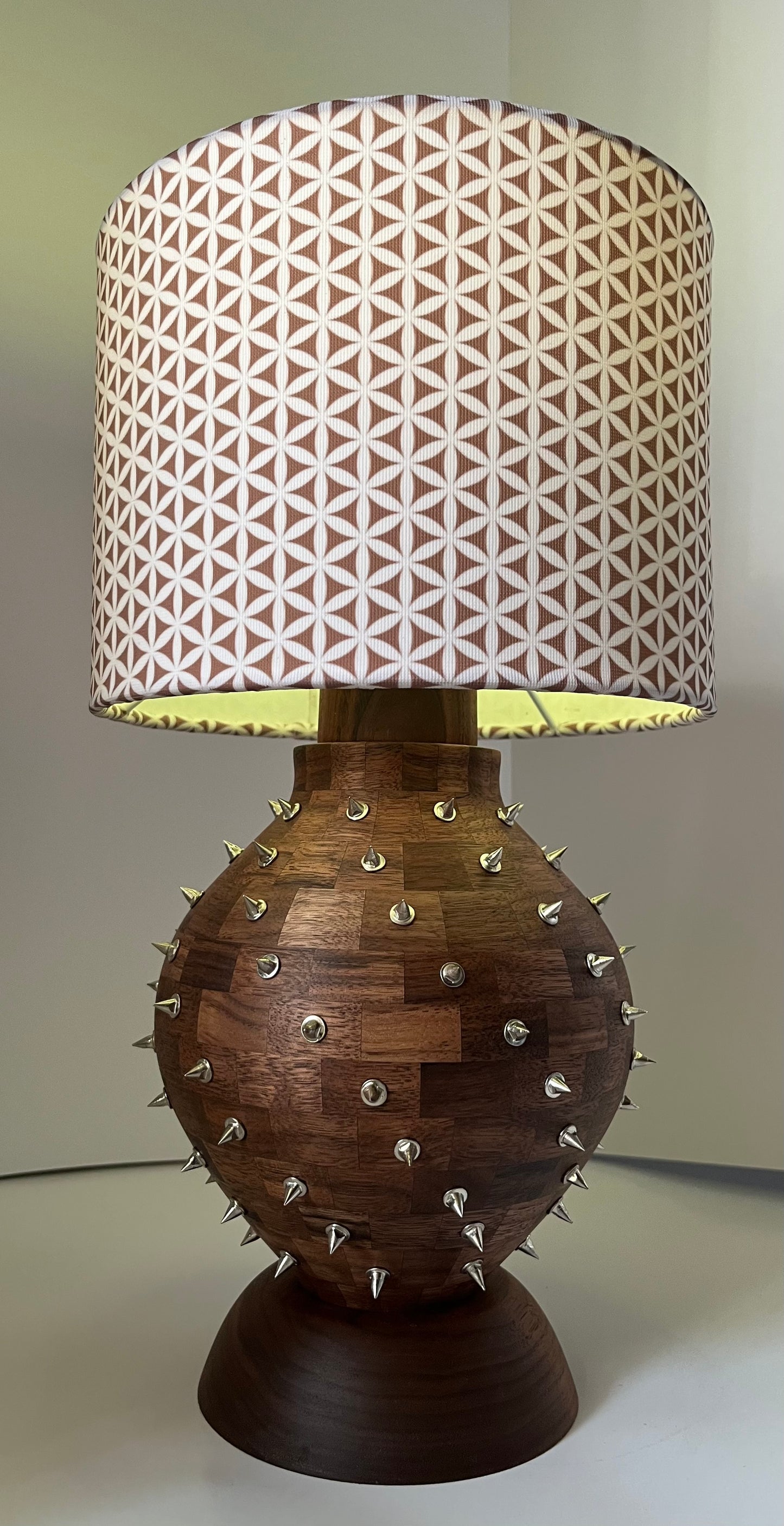 Walnut Segmented Spiked Lamp with Seed of Life Shade