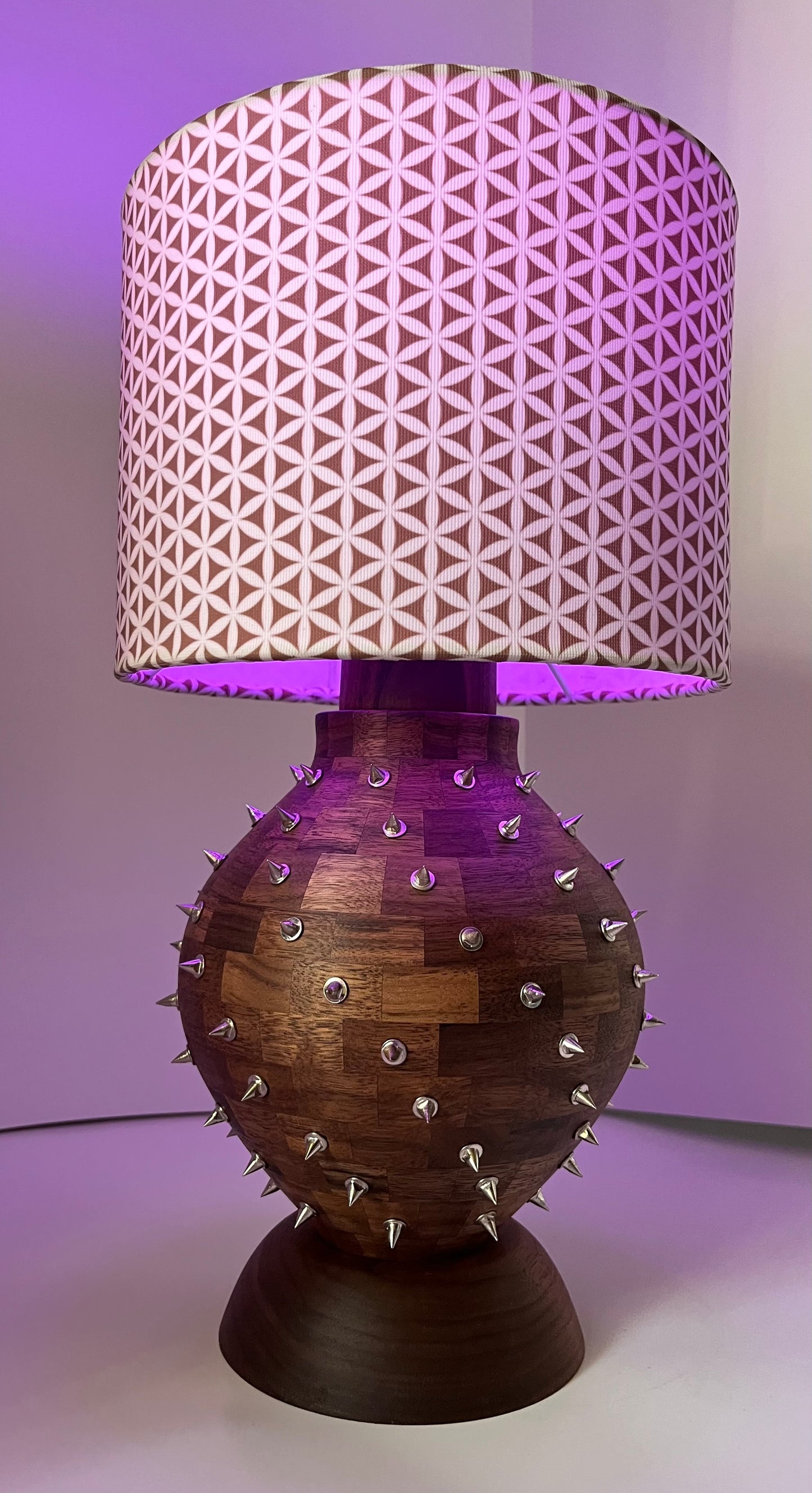 Walnut Segmented Spiked Lamp with Seed of Life Shade