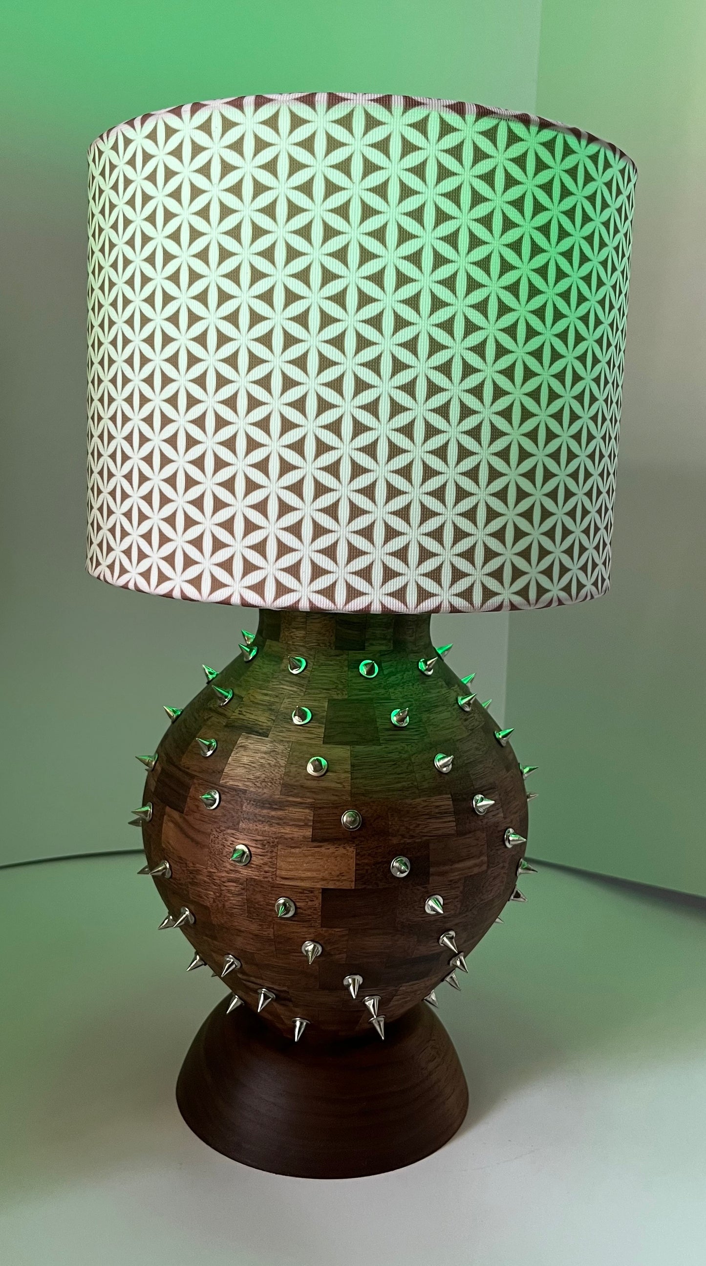 Walnut Segmented Spiked Lamp with Seed of Life Shade