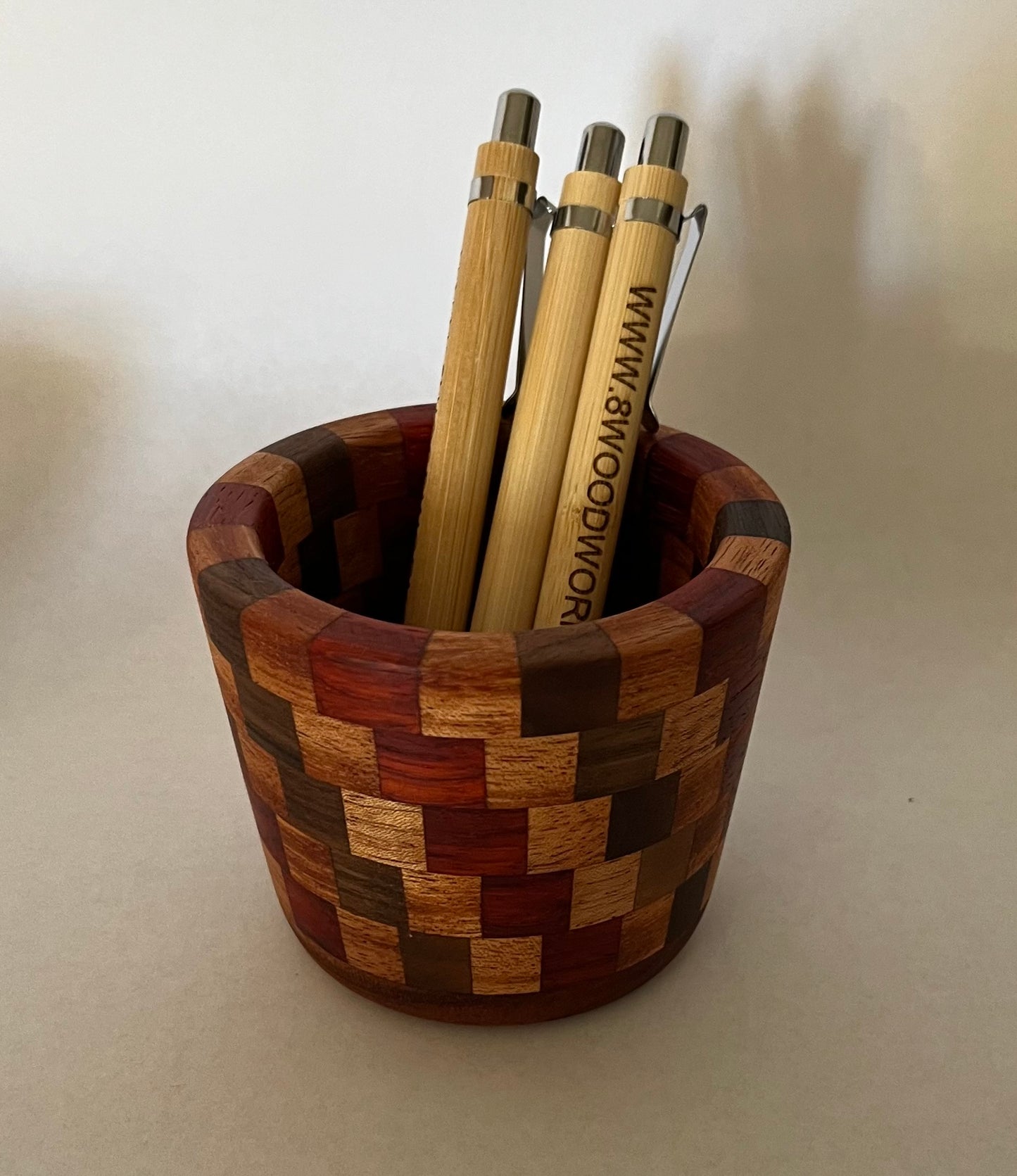 Set of 2 pen/pencil segmented jars made from mahogany, walnut, bloodwood
