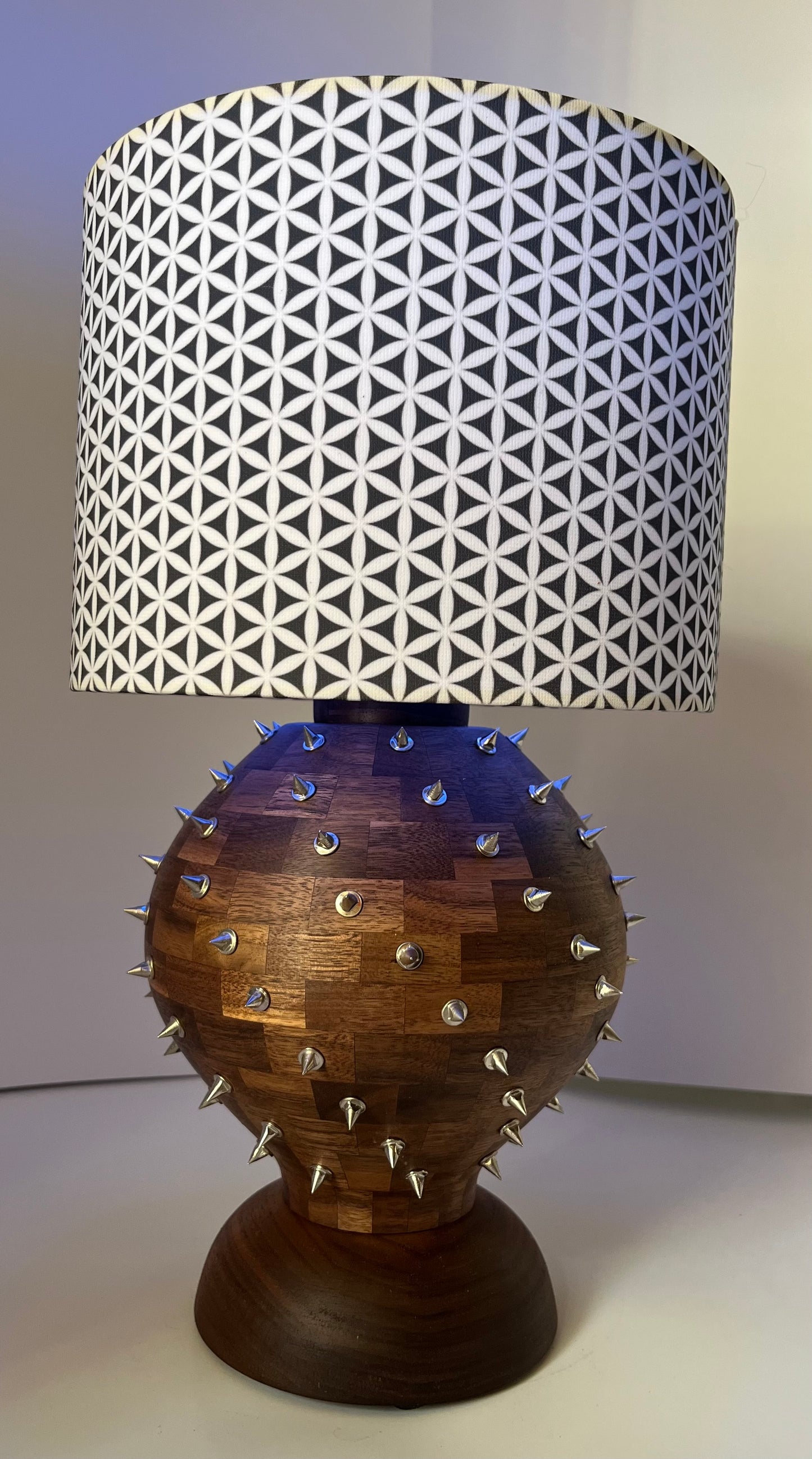 Walnut Segmented Spiked Lamp with Seed of Life Shade