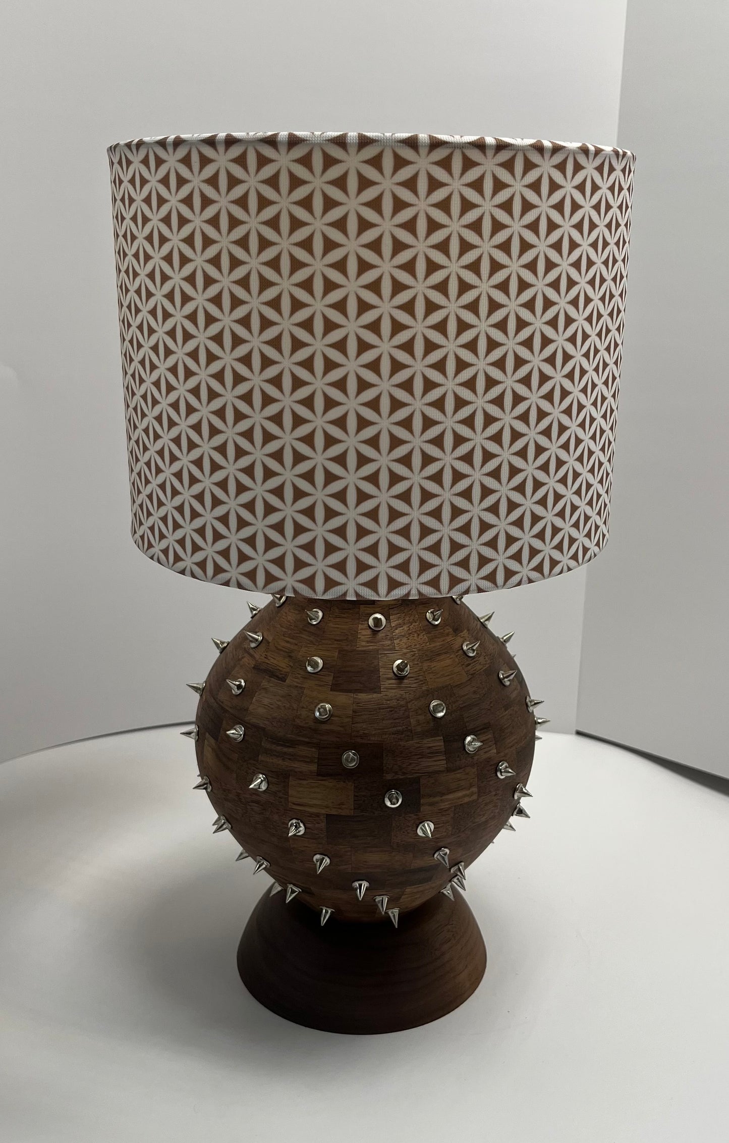 Walnut Segmented Spiked Lamp with Seed of Life Shade