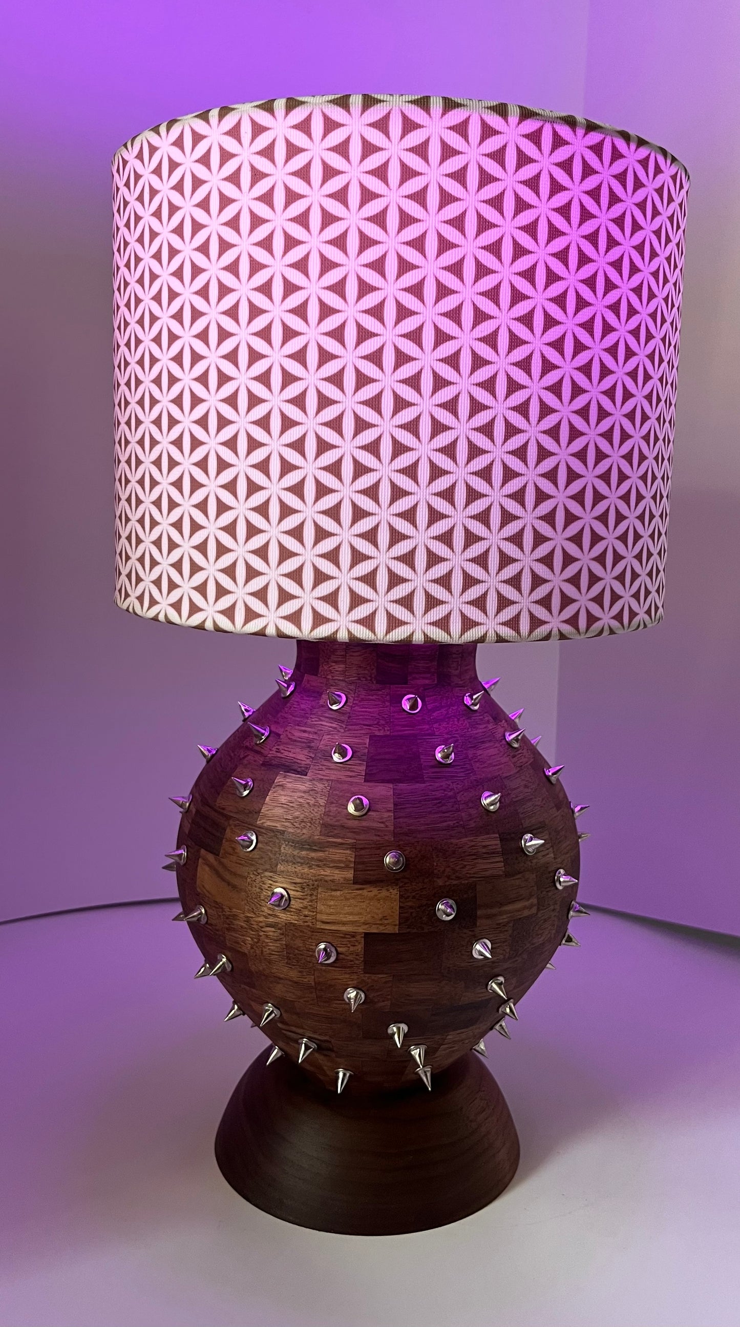 Walnut Segmented Spiked Lamp with Seed of Life Shade