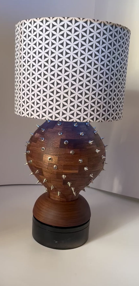 Walnut Segmented Spiked Lamp with Seed of Life Shade